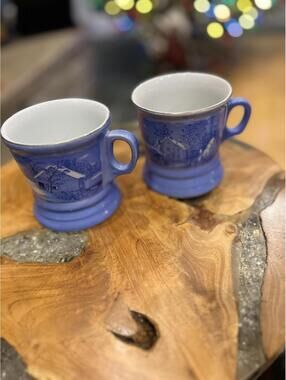 Set of 2 Blue Vintage Ceramic Mugs with Winter Scene